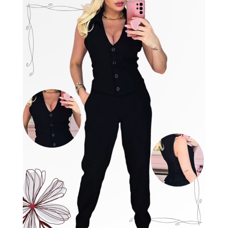 Conjunto alfaiataria Feminino Estiloso Colete com gola + calça  Confortável e Elegante Moda Casual ou social