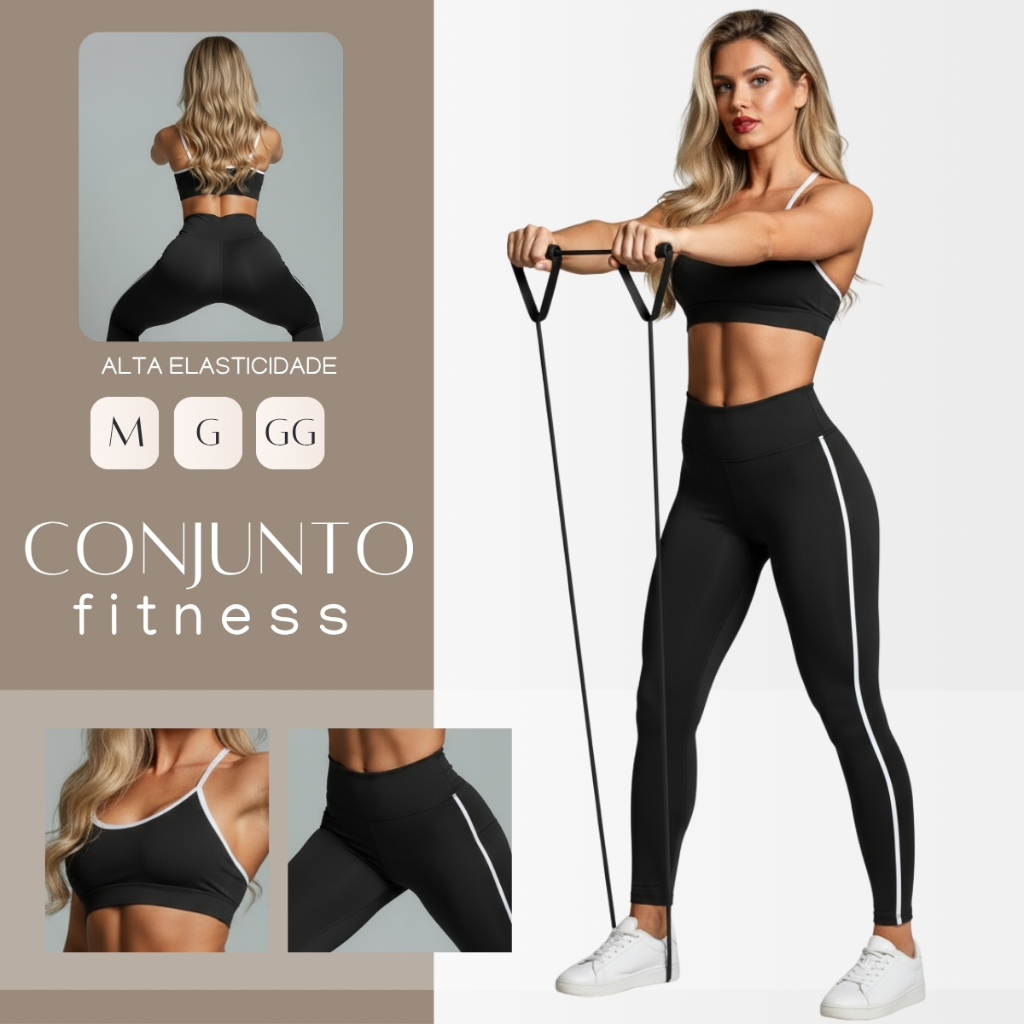 Conjunto Fitness Feminino Calça Legging Forrada Top Alça com Bojo M ao GG