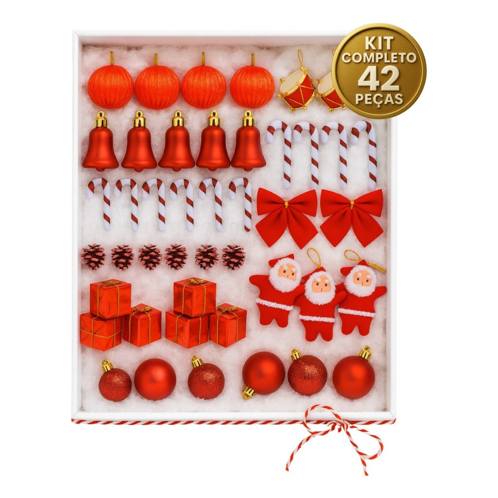 Kit 42/84 Enfeites Pendentes Decoração Arvore De Natal Bolinha Tambor Papai Noel Laços Presente Bengala Pendentes