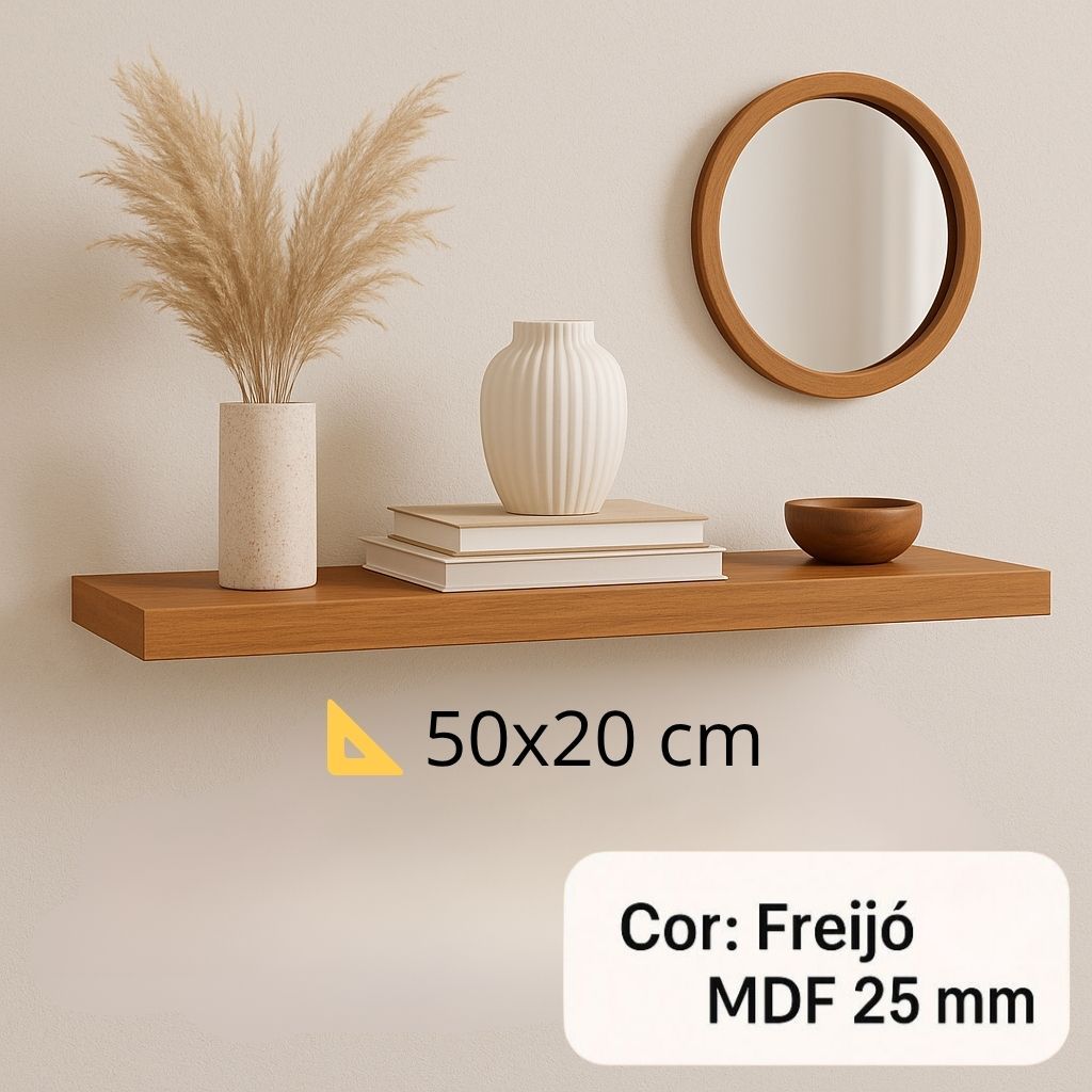 Prateleira 50x20 amadeirada freijó MDF 25mm decorações quarto sala escritório com suporte invisível em Oferta na Shopee