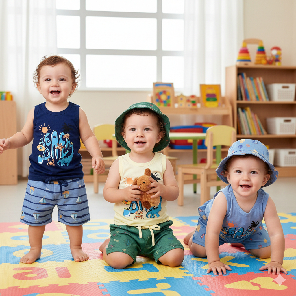 Kit Verão Bebê Regata Estampada, Bermuda E Chapéu Bucket