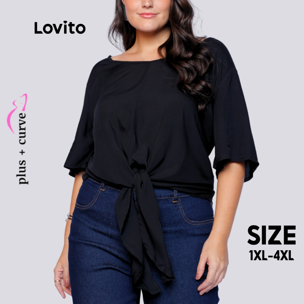 Lovito Blusa Feminina Plus Size Viscose com Detalhe de Amarração na Barra LB1BRL019 em Oferta na Shopee