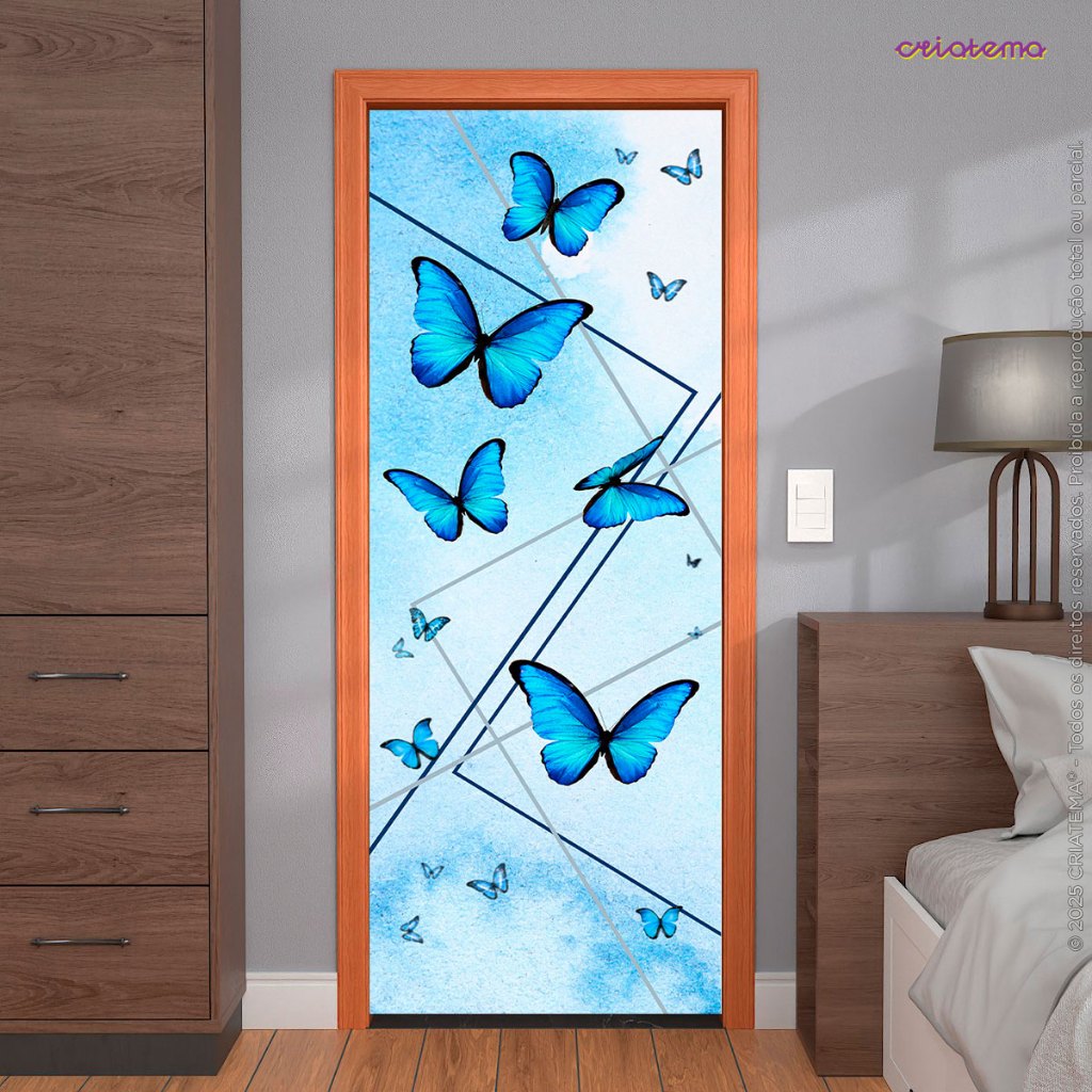 Capa de Porta Quarto Borboleta Azul Painel Retangular Porta Decorativo Sublimado Em Tecido 0,85x2,1m