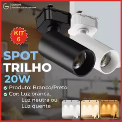 Kit 6 Spot LED para trilho eletrificado Preto e Branco 20W 360° | Luz Branca, Neutra e Amarela | Bivolt 110V-220V