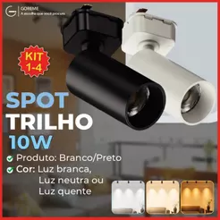 Trilho Spot LED para trilho eletrificado + Trilho + Conector Tubinho Preto e Branco 10W 360° Bivolt