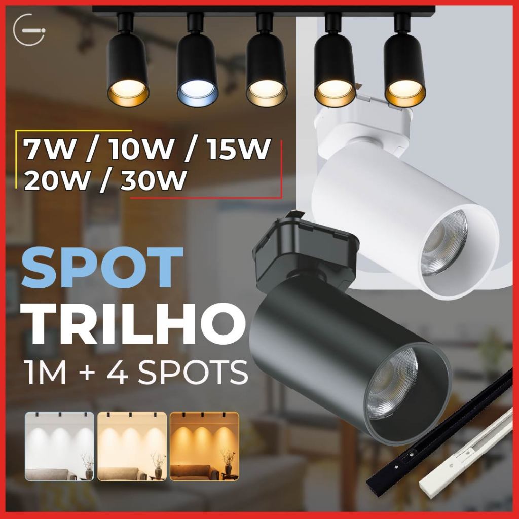 1M Trilho + 4 Spot LED 20W 15W 10W 7W Eletrificado + Trilho Tubinho Preto e Branco Luz Fria, Neutra e Quente Bivolt em Oferta na Shopee