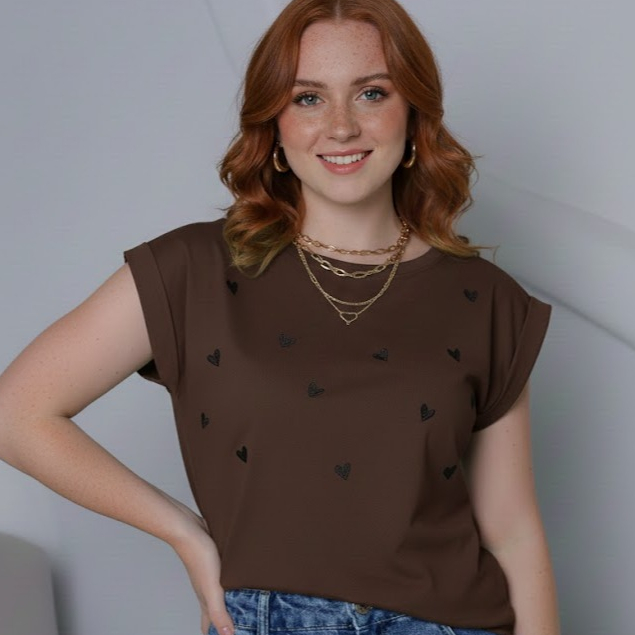 Blusa Camiseta Camisa Feminina Tecido 100% Algodão Muscle Coração Bordado Tom sobre Tom em Oferta na Shopee