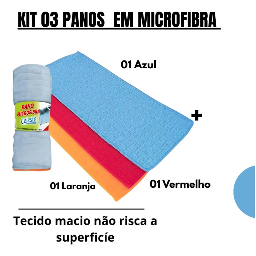 Kit  01 Mop Chenille 03 Panos Microfibra Limpeza Casa  Chão Absorção  Lustrador Superfície