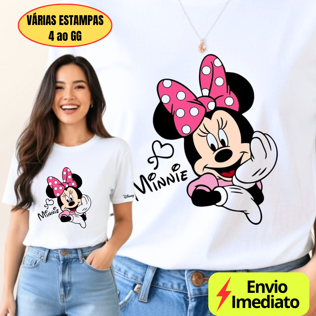 Camiseta Feminina Básica Branca Várias Estampas Minnie Estilo Look Casual Disney Confortável em Oferta na Shopee