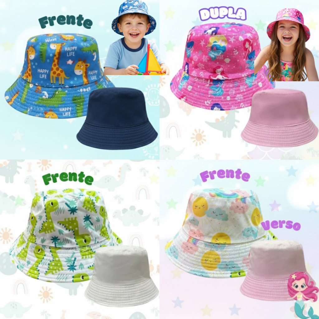 Bucket Infantil Estampado Dupla Face Boné Chapéu de Criança Praia Piscina Menina Menino Proteção Solar