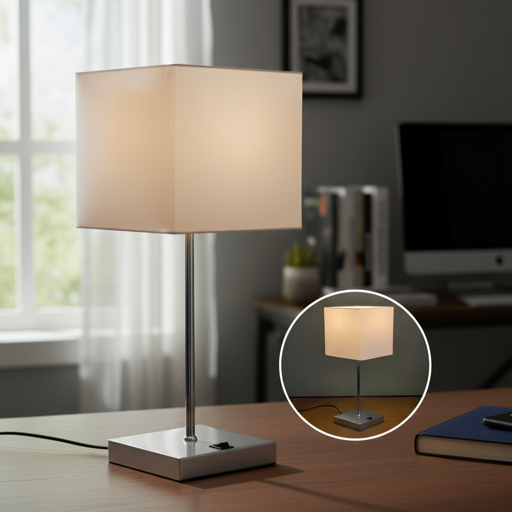 Imagem Abajur luminária de Mesa Moderno elegante Quadrado Escovado Com Interruptor e Cúpula Decoração Casa Quarto Sala