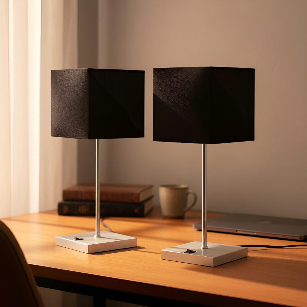 Imagem Kit 2 Abajur luminária de Mesa Quadrado Escovado Com Interruptor e Cúpula Decoração Casa Sala Quarto Escritorio