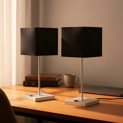 Kit 2 Luminária de Mesa abajur Quadrado Escovado com Interruptor e Cúpula tecido algodão sala quarto e cabeceira de cama
