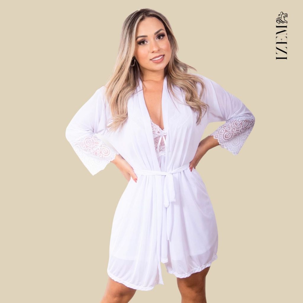 Robe Roupão Noiva Feminino de Renda Luxo Sensual Malha Fria