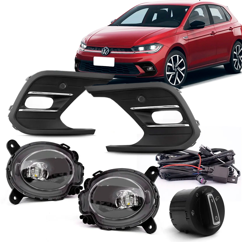 Kit Farol Milha Polo 2024 2025 Full Led Botão Modelo Original Com Moldura Friso Cromado
