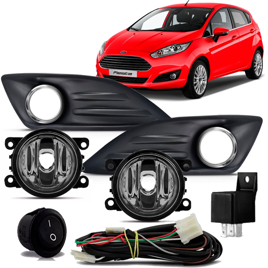 Kit Farol Milha New Fiesta 2013 2014 2015 2016 2017 Com Moldura Aro Cromado Botão Tic Tac