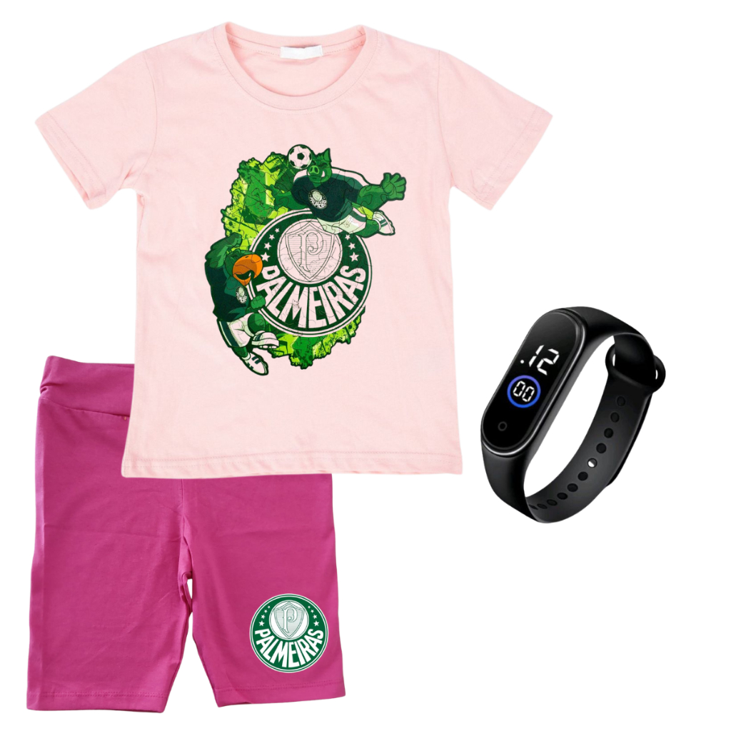 CONJUNTO INFANTIL MENINA CAMISETA BERMUDA MANCHA VERDE PALMEIRAS + BRINDE RELOGIO