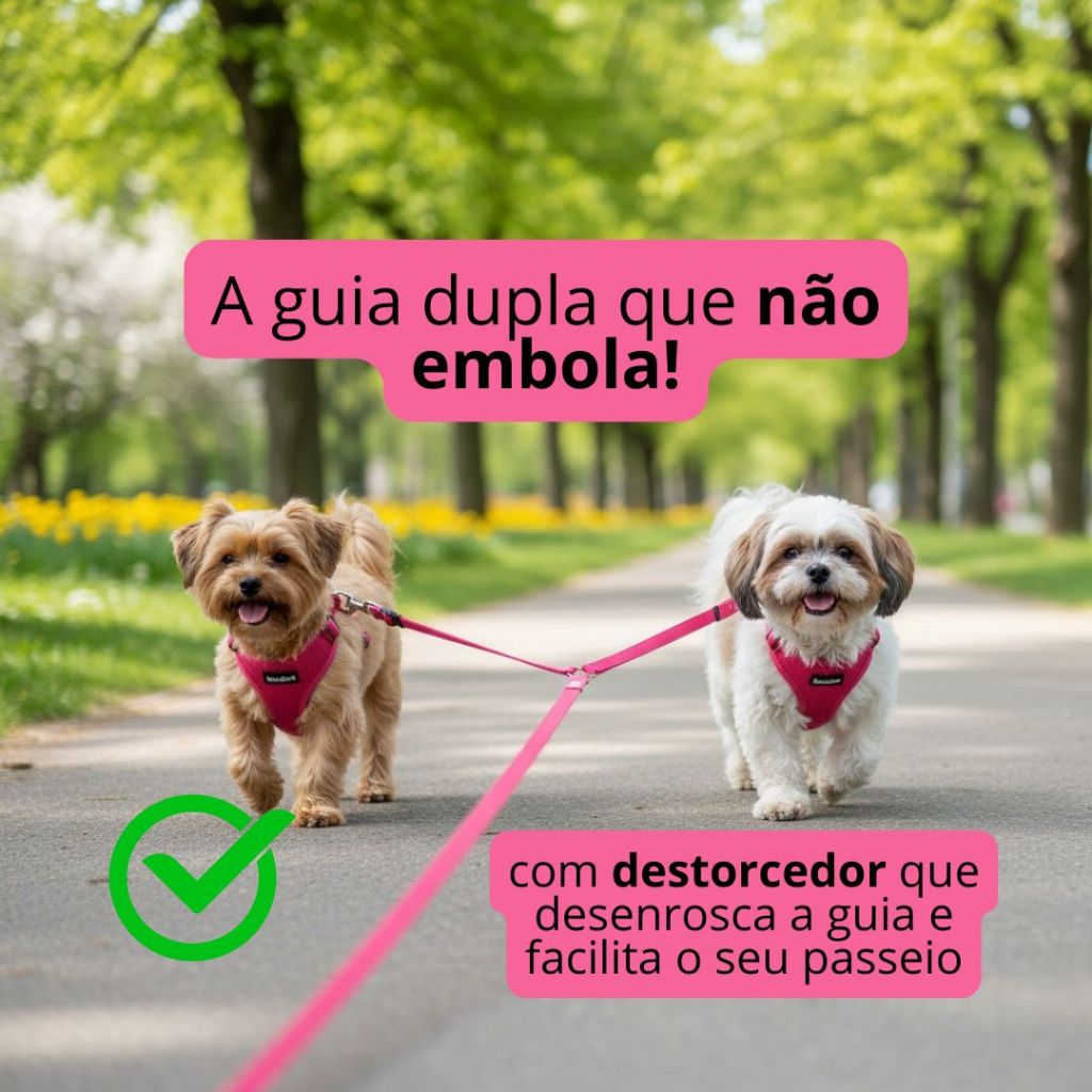 Guia Dupla para Cachorros com Destorcedor 360° Antienrosco | Ajustável | 2 Cães | Neon Rosa