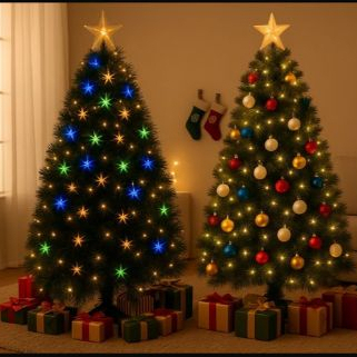 Árvore de Natal 1,80m Fibra Ótica Estrela ou Bolinhas e Luzes LED Bivolt Decorada Completa