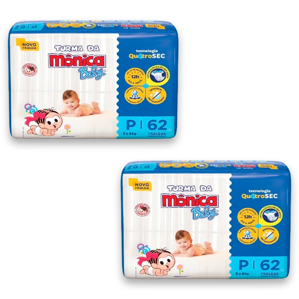 Kit 2ptes Fralda Turma da Mônica Baby P 62un 3-5kg em Oferta na Shopee