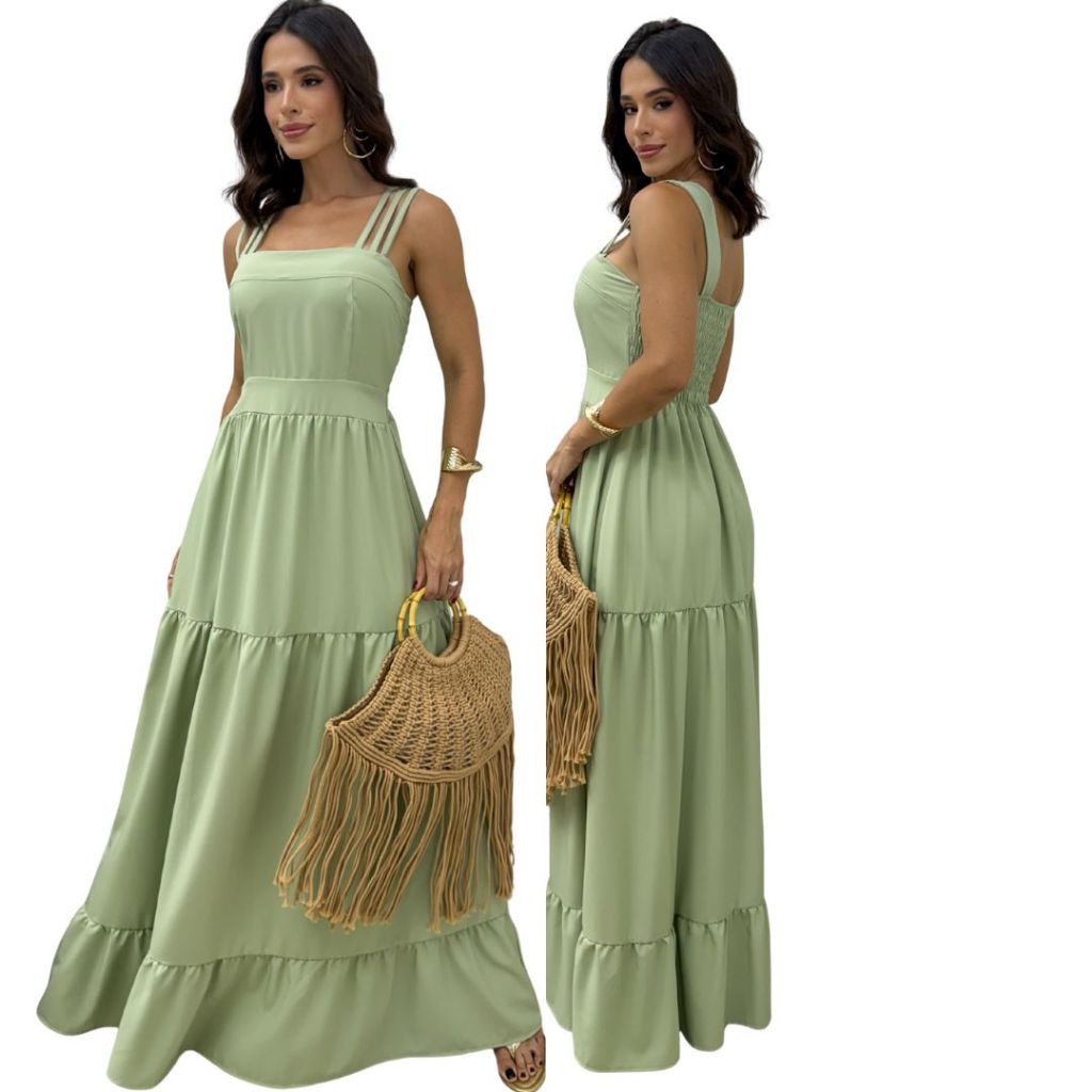 Vestido Largo, Maxivestido, Vestido de Tirantes, Tirantes Múltiples, Escote Cuadrado, Vestido con Volantes, Vestido IRIS