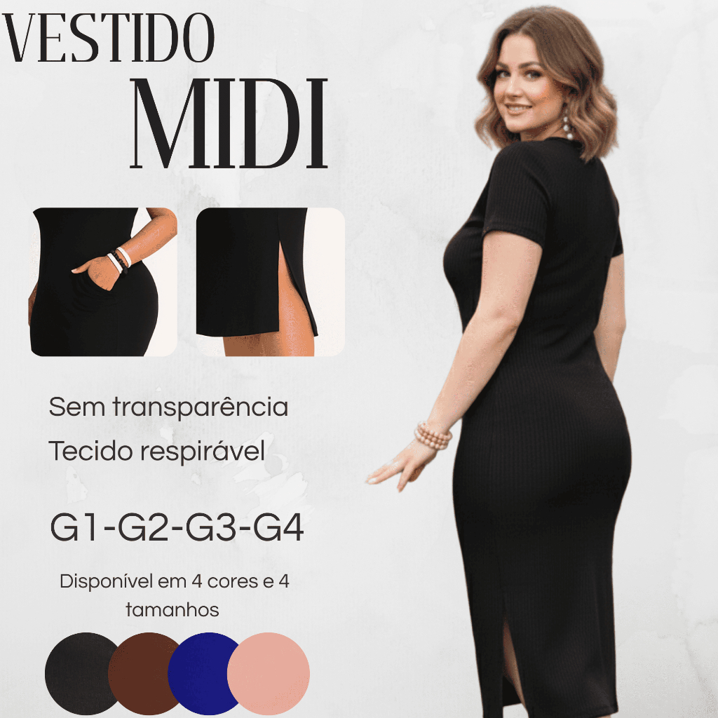 Vestido Feminino Plus Size Mide Com Fenda Lateral G1 ao G4