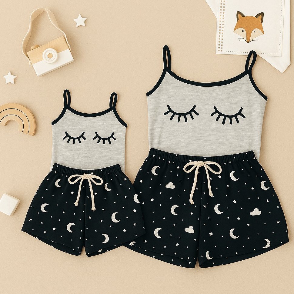 Kit Baby Doll FB Mãe e Filha Cilios Fofo Cinza Malha Premium Pijama Curto Promoção Verão Alcinha Short