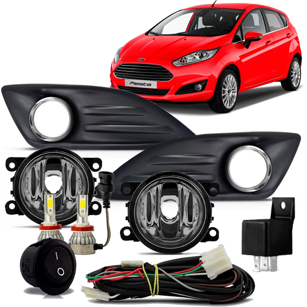 Kit Farol Milha New Fiesta 2013 2014 2015 2016 2017 Com Moldura Aro Cromado Botão Tic Tac Lâmpada Super Led