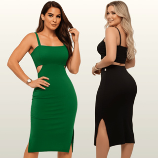Vestido Midi Ribana com Fenda  Alça Fina Ajusta ao Corpo Tamanho Único 36 ao 42 Várias Cores em Oferta na Shopee