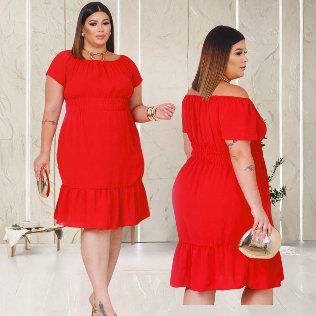 Vestido Midi Curto Ciganinha Plus Size Ombro a Ombro em Tecido Duna com Babado – Leve e Elegante em Oferta na Shopee