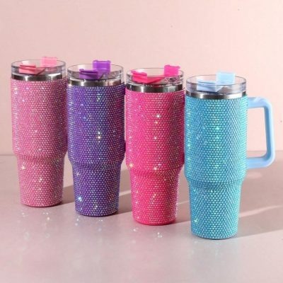 Copo Térmico 1200ml de Aço Inoxidável Strass Brilhante Com Tampa e Canudo Metal ou Plastico
