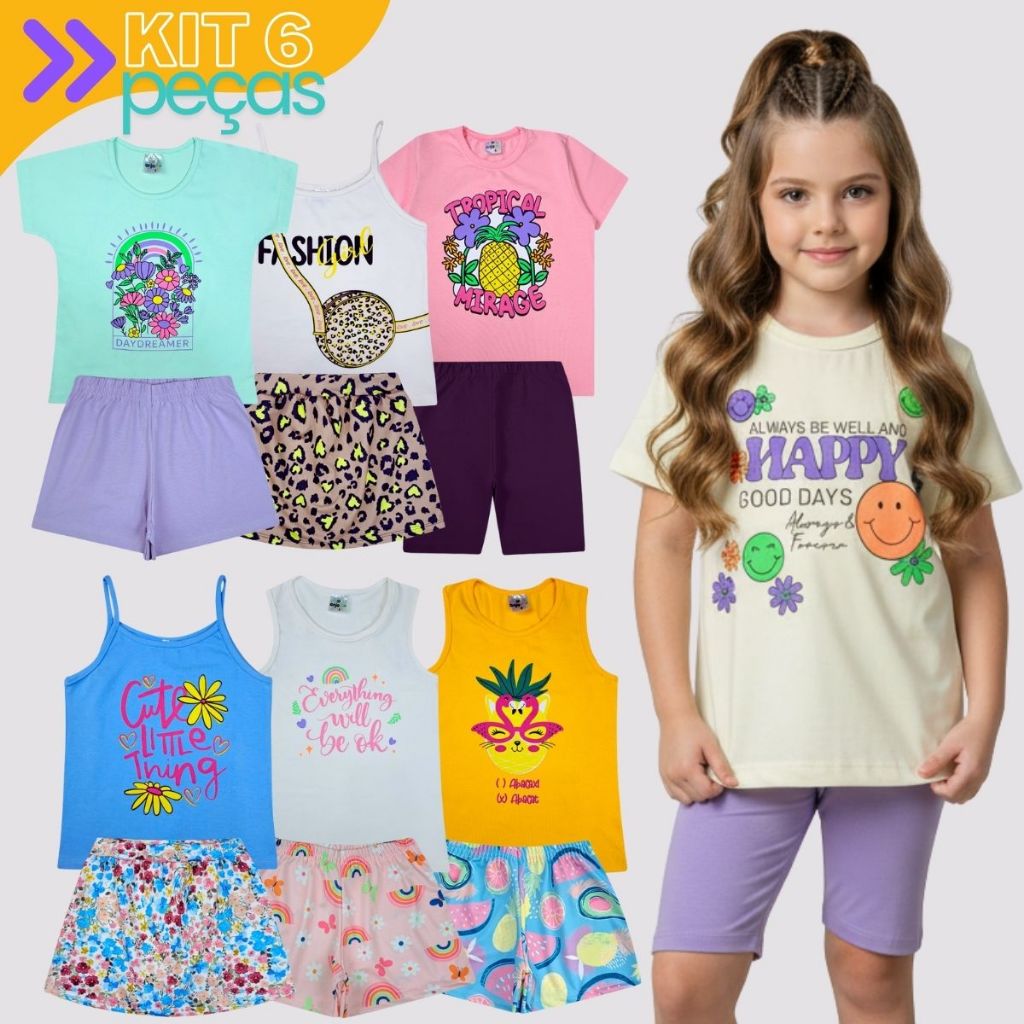 Kit 6 Peças Infantil de Verão Menina - Lote 3 Conjuntos Feminino (3 Blusas + 3 Shorts) - Atacado Barato Promoção Menina