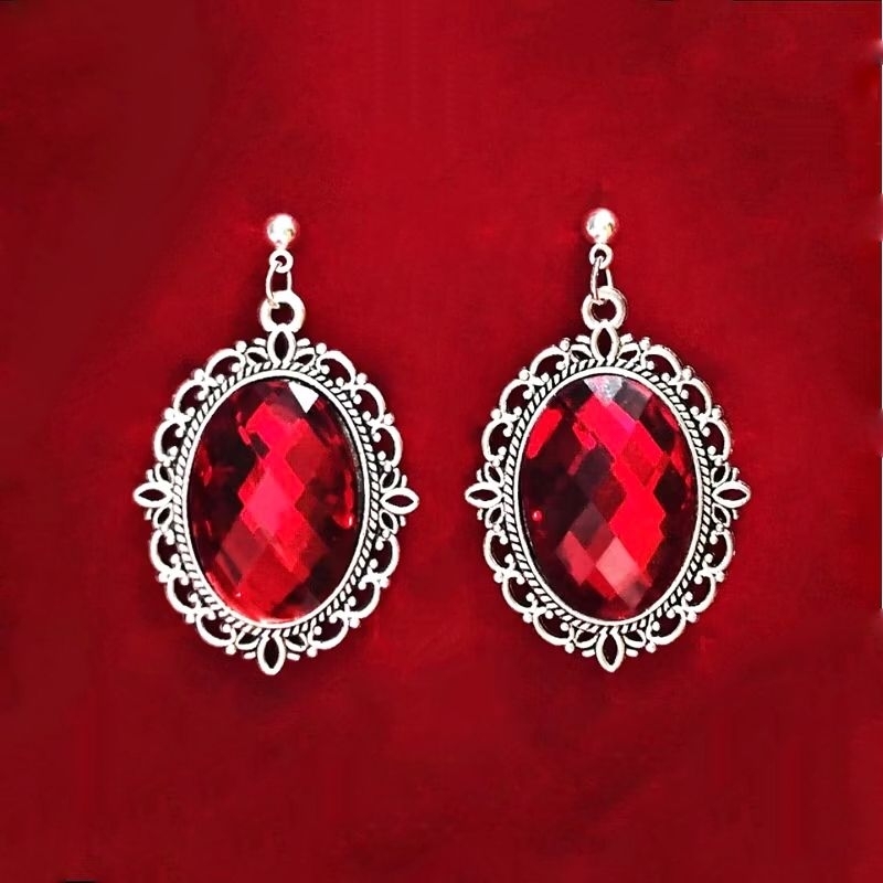 Brincos Camafeu Pedra Vermelho - Metal - Acrílico - Vitoriano - Vampiro - Deusa Babalon - Sacerdotisa - Mulher Escarlate