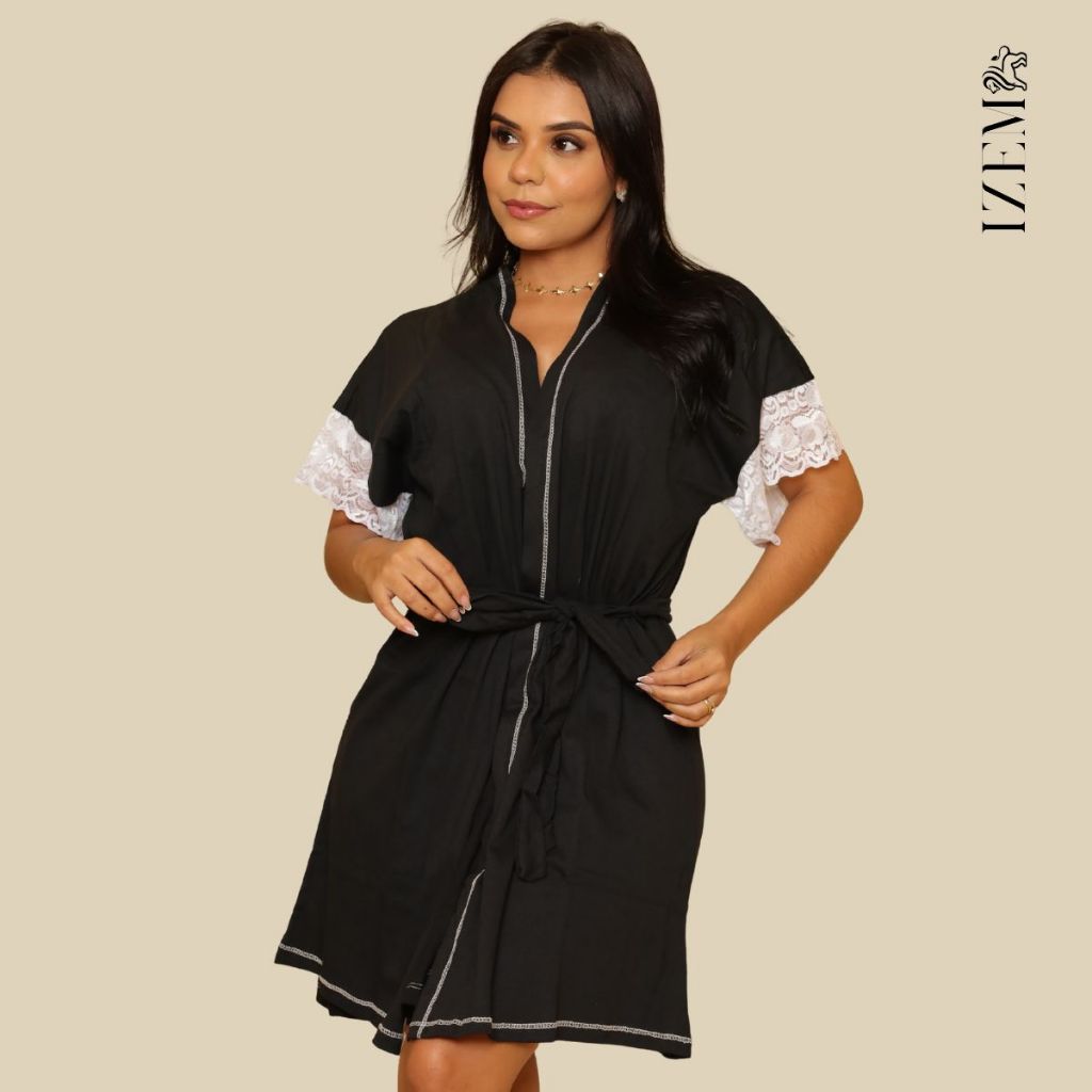 Robe Roupão Feminino Amamentação para Amamentação Manga Curta com Renda