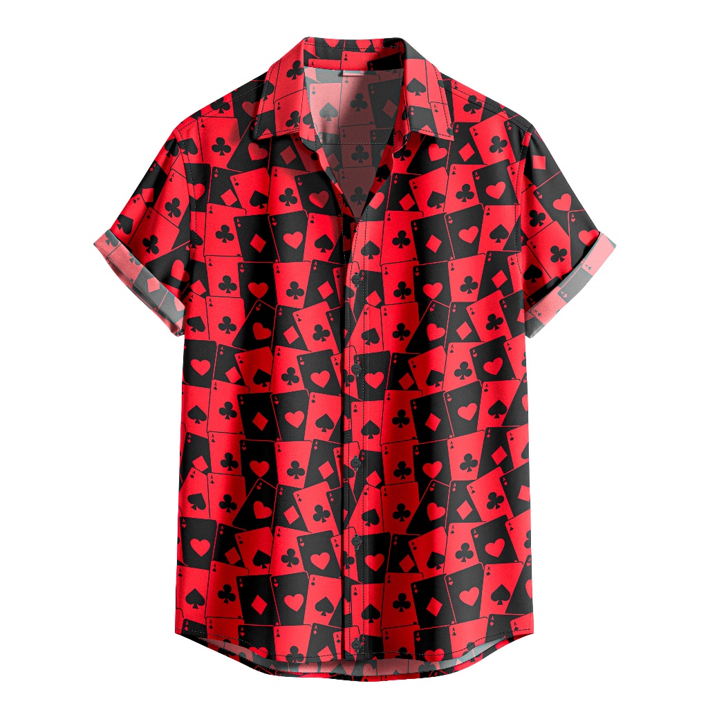 Camisa De Botão Vermelha E Preta Cartas De Baralho Poker [Ref-451]