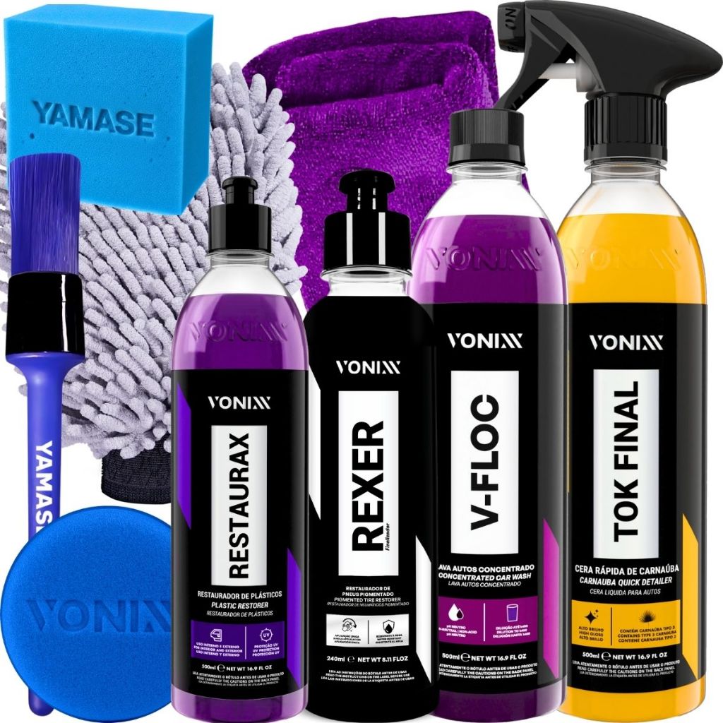 KIT LAVAGEM AUTOMOTIVA SHAMPOO V-FLOC CERA TOK FINAL RESTAURAX PLÁSTICO REXER PNEU PRETINHO