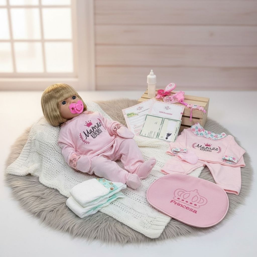Bebê Reborn Baby Boneca Cabelos Loiros + Enxoval Completo em Oferta na Shopee