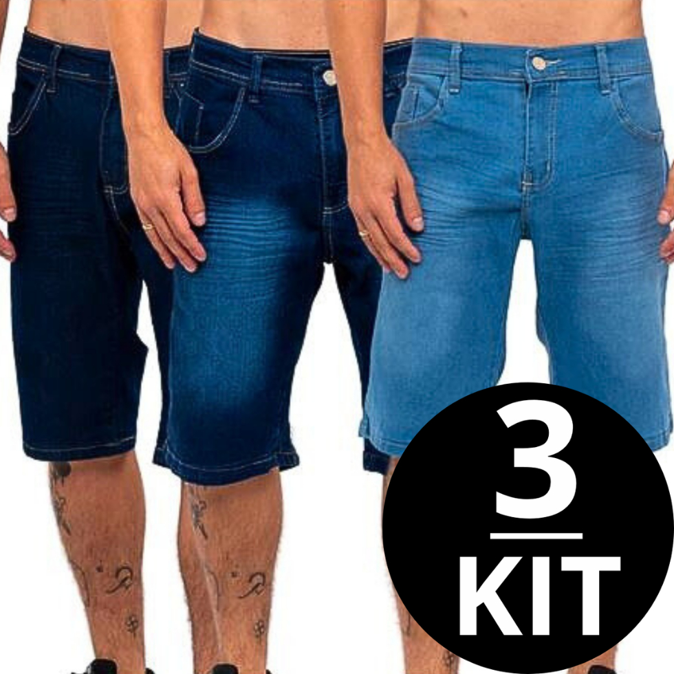 Kit 3 Bermudas Jeans Masculina Com Lycra Elastano Tradicional Reta > Frete Grátis