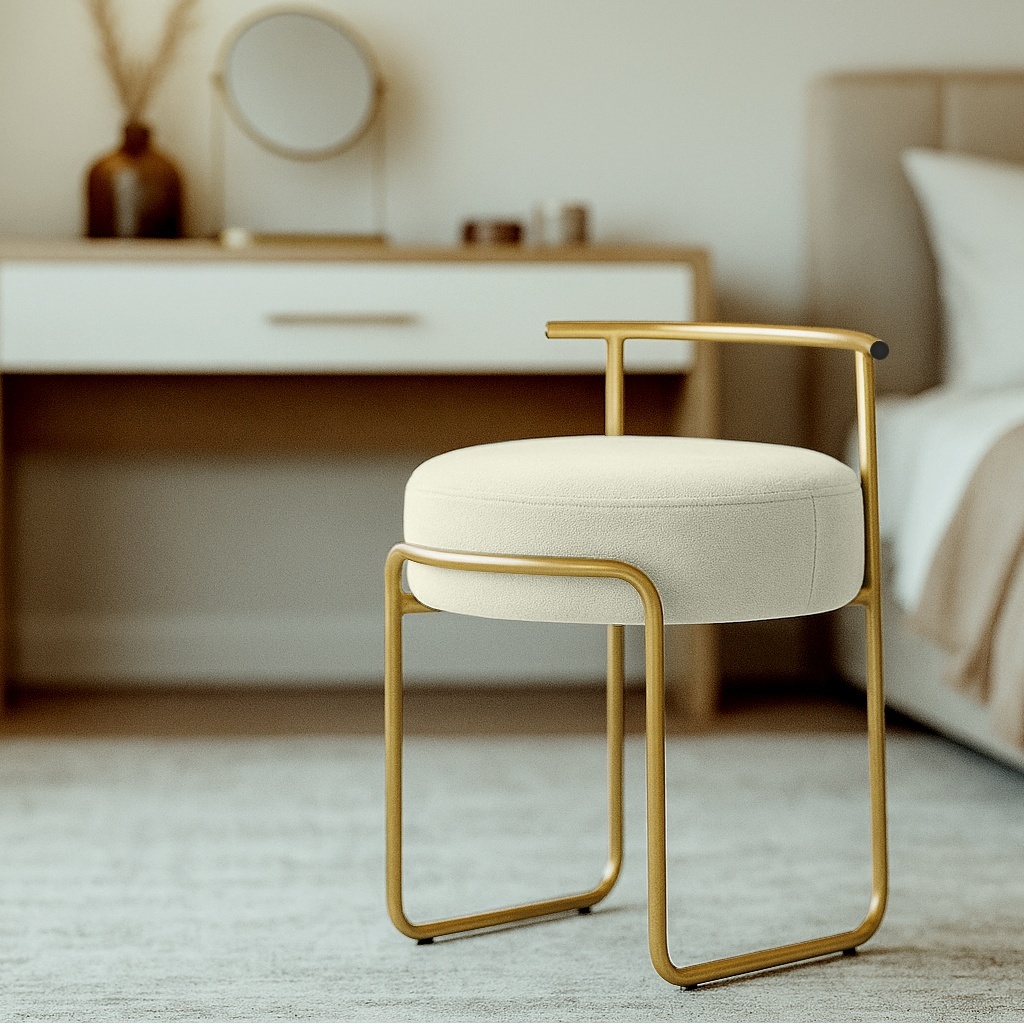 Puff Sala Redondo Evans Base Metal Gold Tecido Boucle Cores