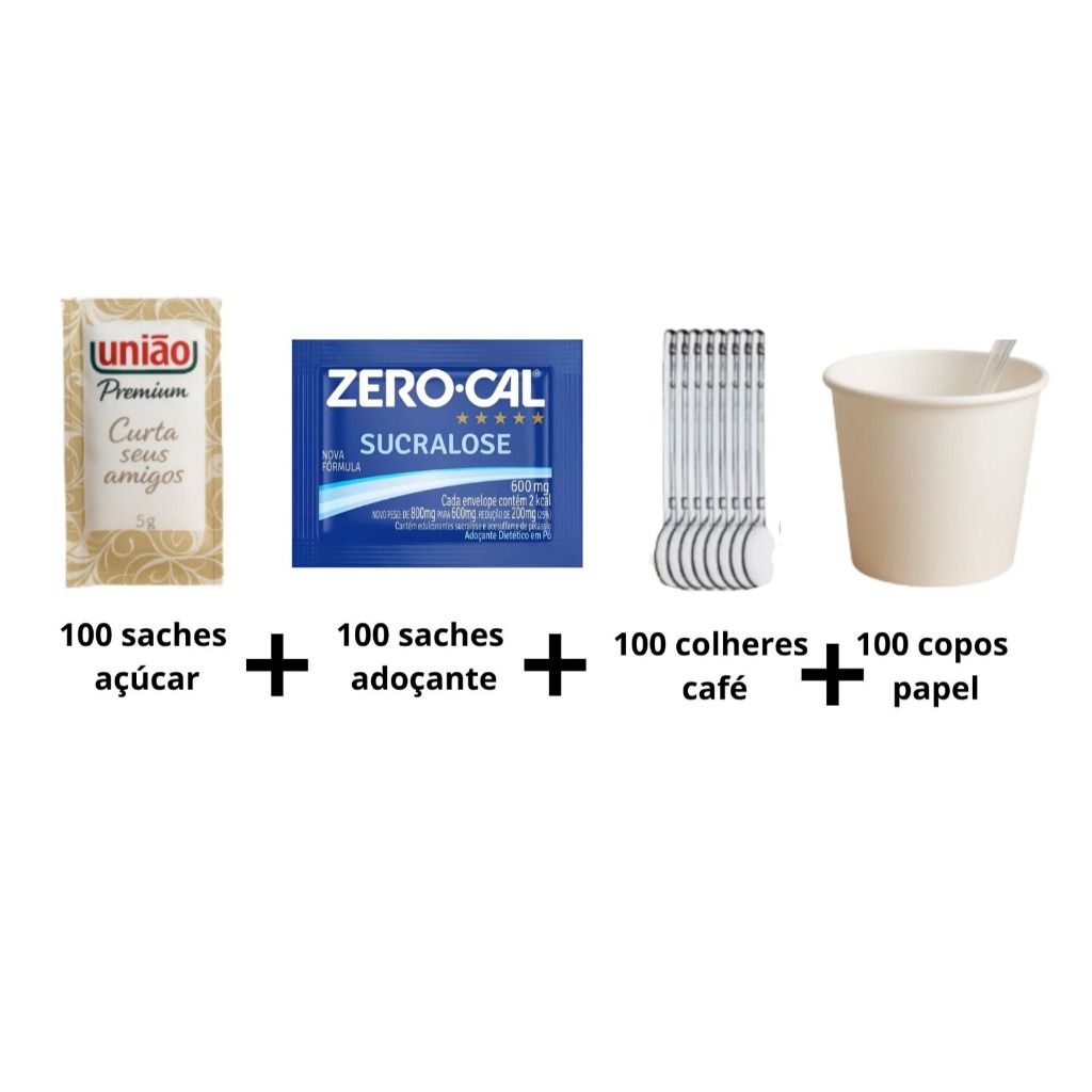 Kit Café - 100 saches açúcar + 100 saches adoçante + 100 colheres p/ café + 100 copos de papel