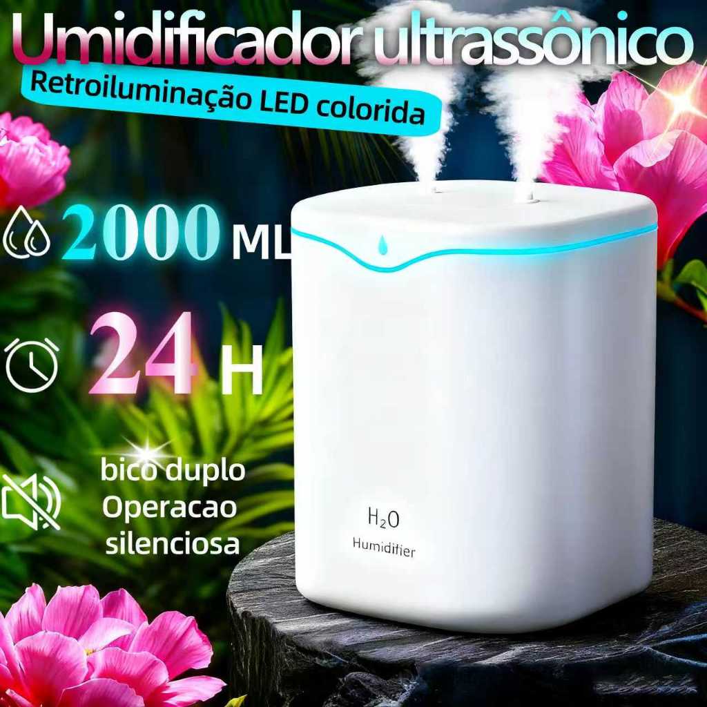 Umidificador De Ar Grande 2Litros 2000ML Saída Dupla Luzes LED