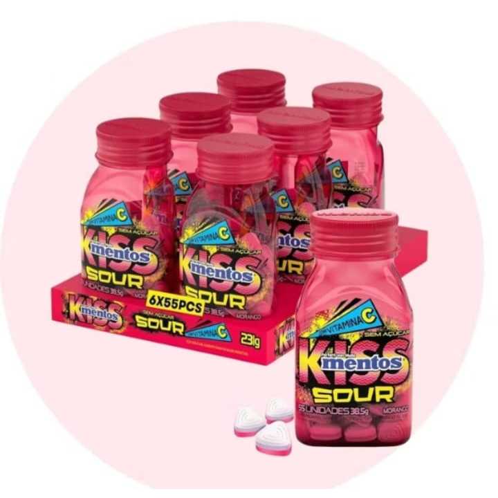 Kit Bala Mentos KIss Sour Morango Pastilha Sem Açucares 38,5g em Oferta na Shopee