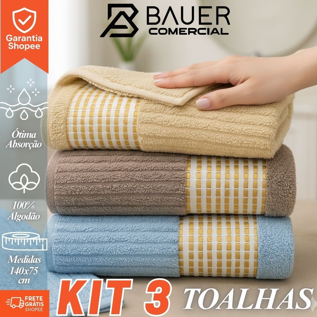 Kit 3 Toalha Tokio Banho Banhão Canelada Luxo 100% Algodão 140x75cm