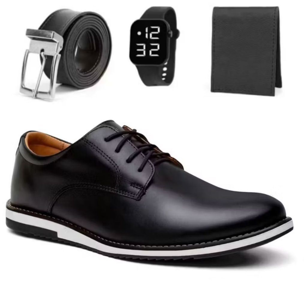 Kit Sapato Oxford Masculino Social Elegante Estiloso Leve de Couro Nobre Macio Com Confortável + Relogio Cinto Carteira