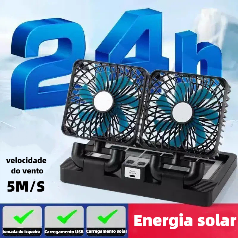 Ventilador Dobrável Vento Forte Carregamento Solar e USB Ventilador de cabeça dupla com 3 velocidades BM-F1642