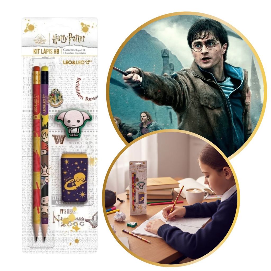 Kit Escolar Infantil HB Harry Potter 2 Lápis de Escrever + Apontador com Depósito e Borracha Leo&Leo