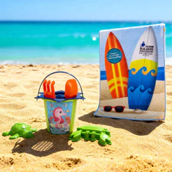 Kit Praia Infantil Balde + Toalha Surf | Toalha Surf Estampa HD Modelo Importado | Balde Fundo do Mar KENDY | QUEEN SHOP