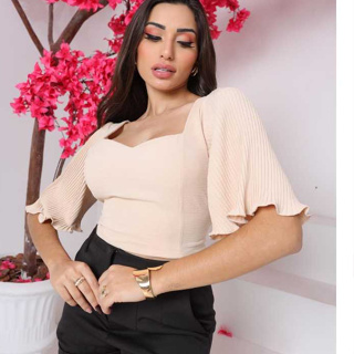 Blusa Cropped Feminino Elegante Com Manga Plissada e Bojo em Oferta na Shopee