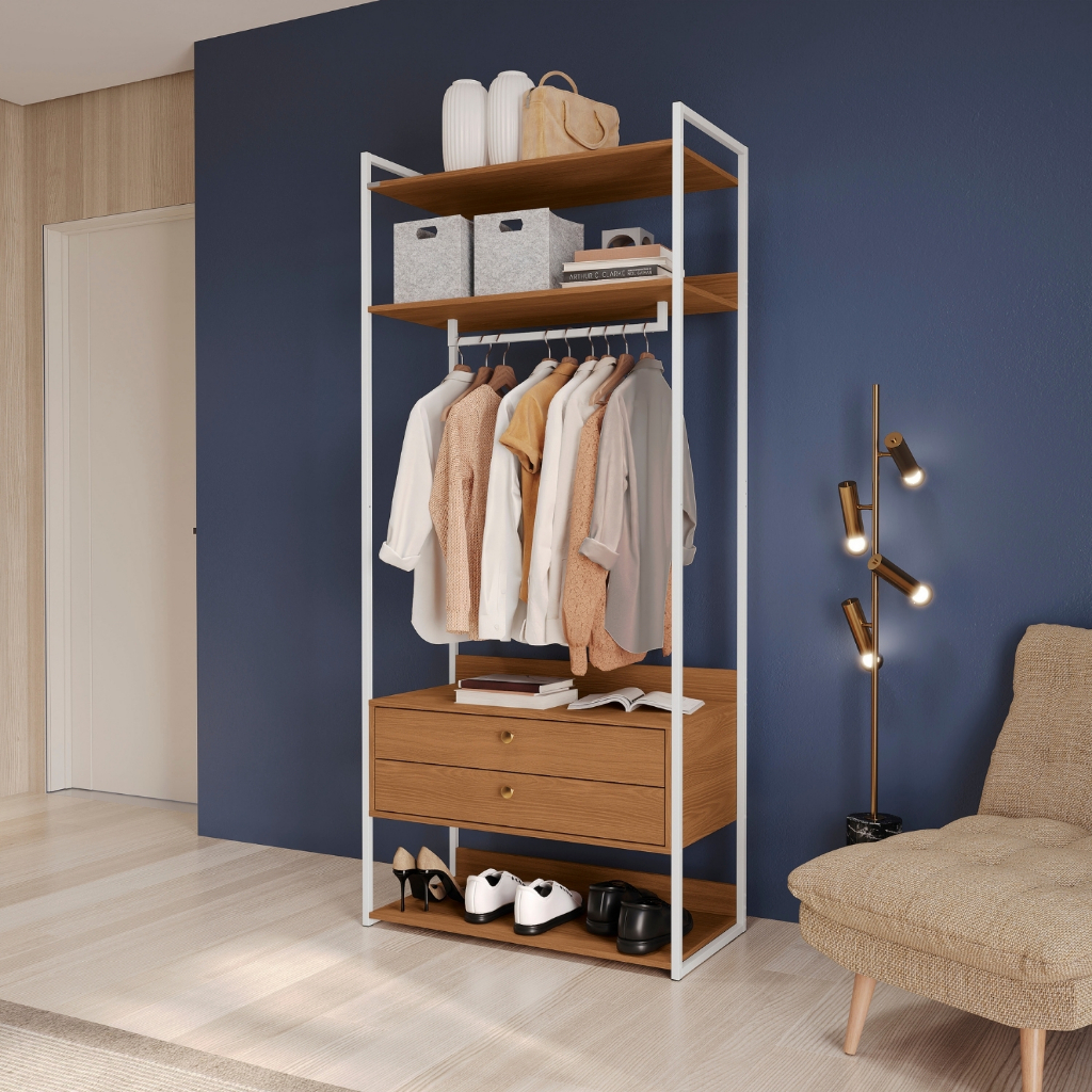 Armário Alto Closet Aberto 2 Gavetas 4 Prateleiras e Cabideiro MDF e Aço Industrial