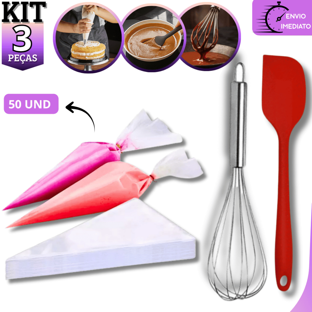 Kit 3 Peças Confeitaria Profissional – Espátula Pão Duro, Fouet e Saco de Confeitar